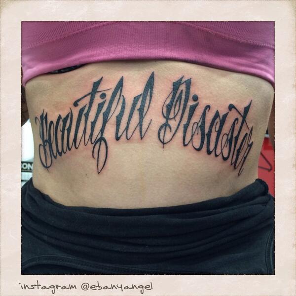 ebanyangel's tweet photo. #tattoo I did few weeks ago, rush job cause it was killing her, hope to tidy it up sometime #tattooapprentice #script http://t.co/dMIbuWGf7c