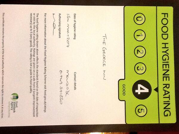 TheGeorgeInnGS's tweet photo. We just had our Environmental Health Inspection and scored a 4 out of 5.  So pleased all our hard work is paying off. http://t.co/l6mnklY6HE
