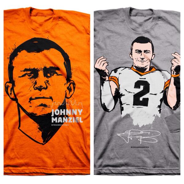FreshBrewedTees's tweet image. Thinking about giving away some #JohnnyManziel gear. RETWEET if we should.