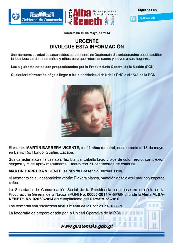 MARTÍN BARRERA VICENTE, de 11 años de edad, desapareció el 13 de mayo, en Barrio Rio Hondo, Gualán, Zacapa.