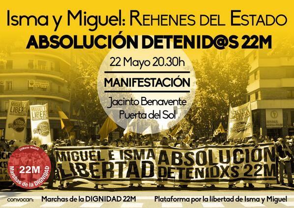 legalmarchas22m's tweet photo. Manifestación x la libertad de Miguel e Isma #22Mayo a las 20.30h @Todxsconmiguel @Libertad_Isma  http://t.co/Q6c4tq5wGg @LegalSol @AlaAbog