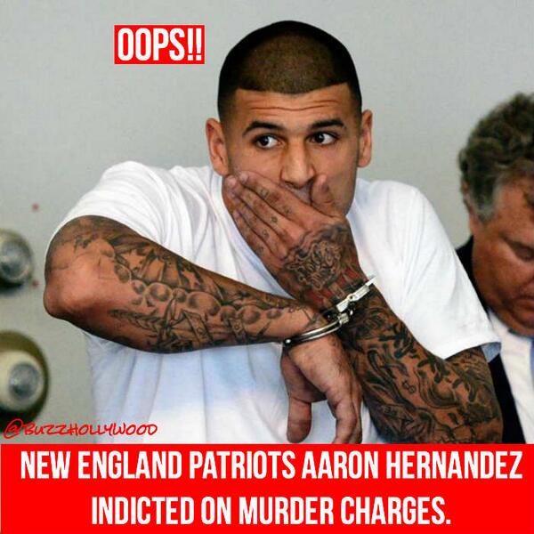 buzzhollywood's tweet photo. New England Patriots Aaron Hernandez Indicted for Two Murders - http://t.co/A4e8XtIn6F http://t.co/Eayi418LkN