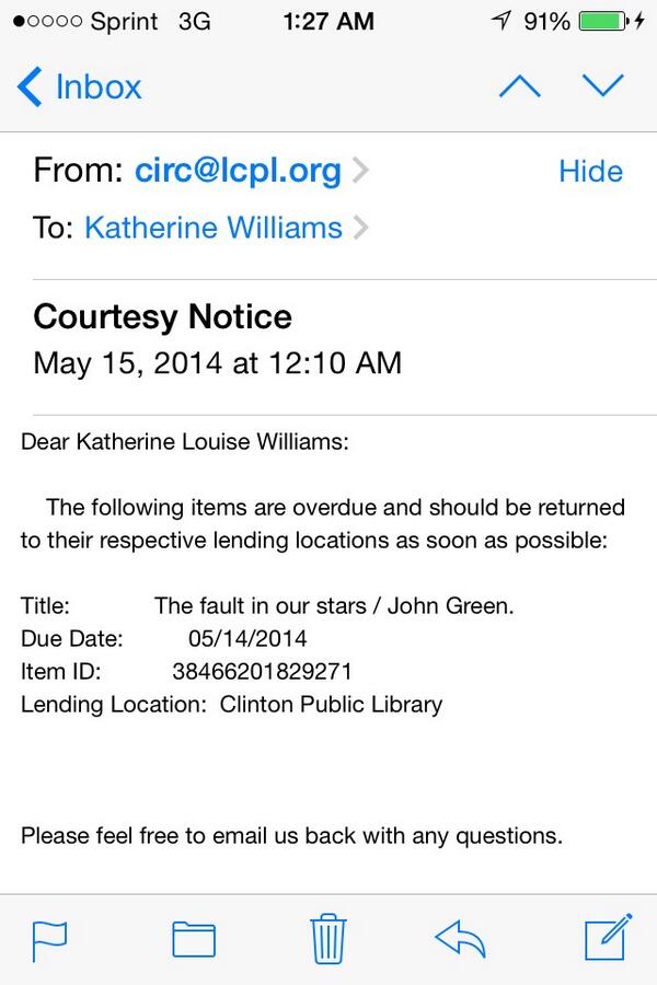 blinkingbikini's tweet image. Apparently the library now sends out e-mails if you have a book that is a few hours late. #librarypolice