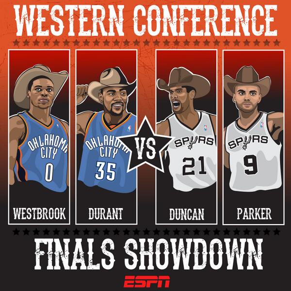 espn's tweet photo. Thunder vs. Spurs

The Western Conference Finals Showdown is set. http://t.co/ZeAb8ZCfIu