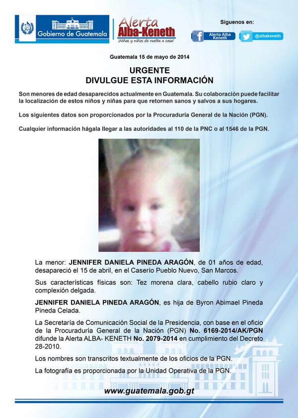 La pequeña JENNIFER DANIELA PINEDA ARAGÓN de 1 año desapareció, ayúdanos a localizarla .