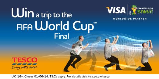 VisaUK's tweet image. Pay w/ contactless @Tesco to win FIFA World Cup™ Final tkts in Brazil with Visa. Enter bit.ly/1qHEK1U