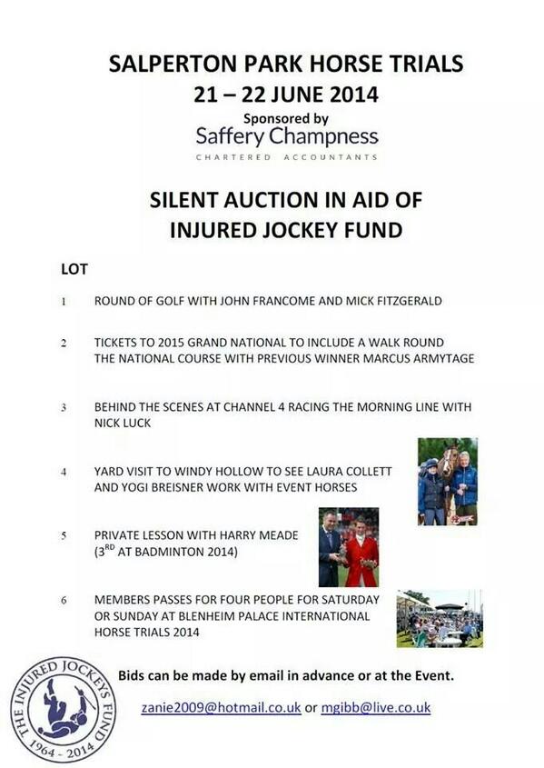 Please support <a href="/SalpertonHT/">Salperton Park HT</a> fabulous silent auction in aid of <a href="/IJF_official/">Injured Jockeys Fund</a> Fantastic lots to bid on! Please RT