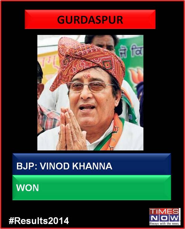 SureshB127's tweet image. RT @timesnow: BJP&apos;s Vinod Khanna wins from Gurdaspur #Results2014 #ModiAt7RCR