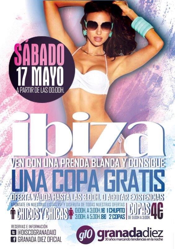 Sabado17 de Mayo Ibiza, ven de Blanco, obten gratis una copa hasta agotar existencias
Apuntate en Nuestras ListasVip