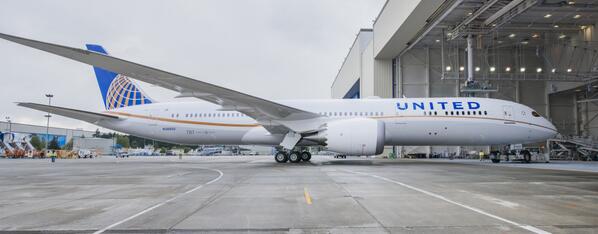 united's tweet photo. There’s a big smile on our first @BoeingAirplanes 787-9 as it rolls out from the Everett paint hangar. #United787 http://t.co/7ZsMhKrC16