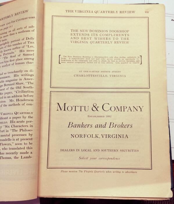 Charlottesville's New Dominion Bookshop ad in the inaugural VQR, 1925. #flashbackfriday