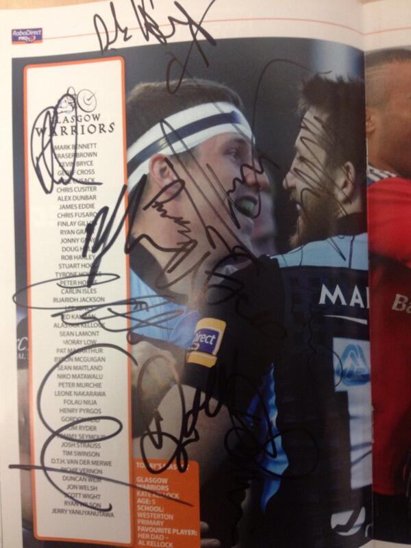 GlasgowWarriors's tweet photo. A number of players along with @gregortownsend have signed a copy of tonight's programme. RT to win!!! http://t.co/YyIoEbrvnQ