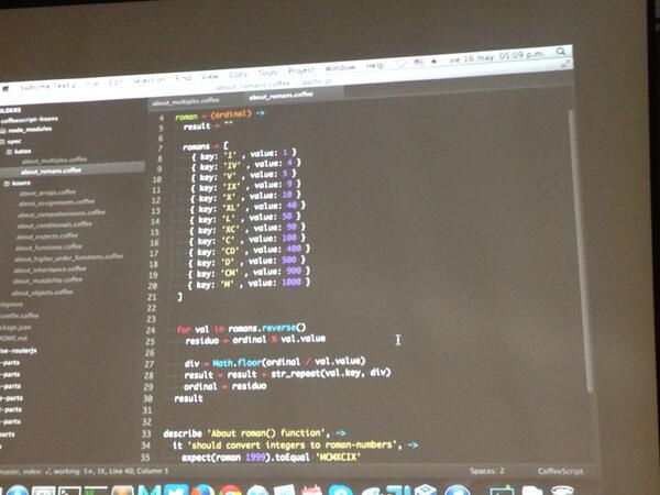 atomsfat's tweet image. Con el @pateketrueke  resolviendo una kata de ordinal a romano en #coffescript