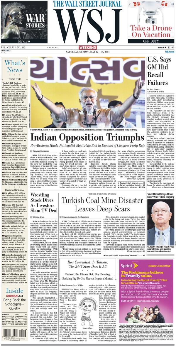 Turkey's #Soma disaster on the front today. “<a href="/WSJ/">The Wall Street Journal</a>: Here is a look at today's front page of The Wall Street Journal ”