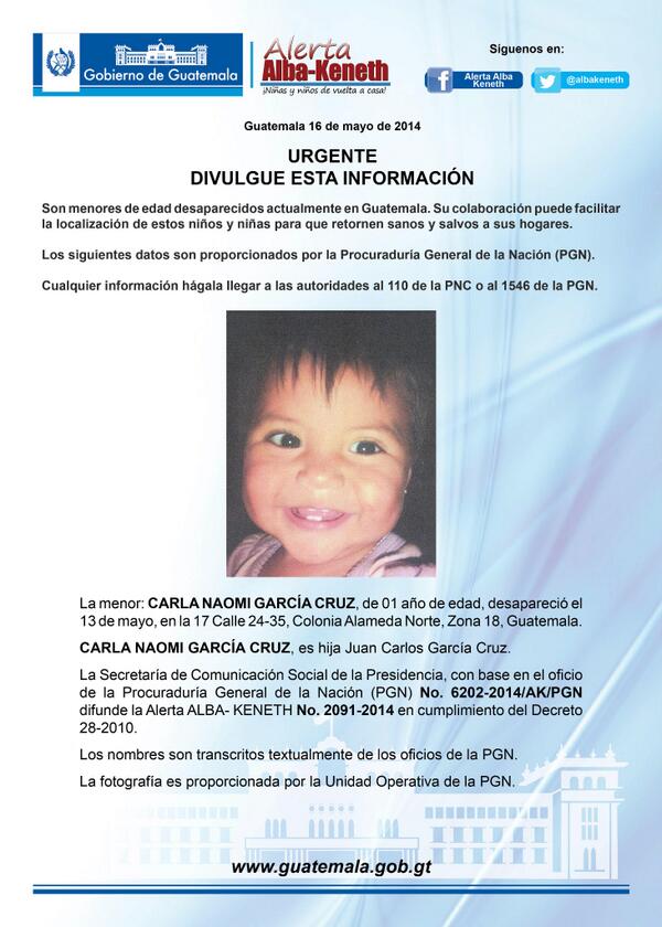 La menor KARLA NAOMI GARCÍA CRUZ de 1 año de edad, desapareció, ayúdanos a localizarla.