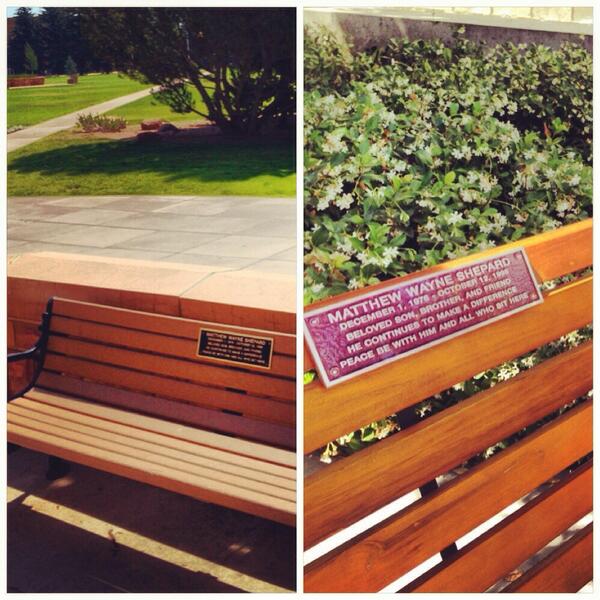 The actual #MatthewShepard memorial bench in Laramie, Wyoming (left) & the replica at the @LAGayCenter (right)