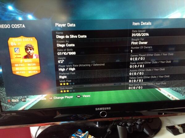 LukeBrooks987's tweet photo. @EASPORTSFIFA I got Diego Costa in a pack but his normal card he's team of the season.. http://t.co/n4LqFiEf2Y