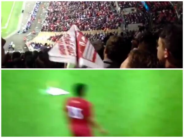 BleacherReport's tweet photo. VIDEO: A paper airplane thrown from the top of the stadium hits a player during England-Peru http://t.co/MvVBdgd5Np http://t.co/5Wh7a7RIcJ