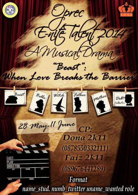 Daripada malming galau, ayo ikutan aja ini. Oprec talent musical drama E-nite! Cc: <a href="/SasInggrisUA12/">SasingUA 2012</a> <a href="/SasInggrisUA13/">Sasing UA 2013</a>