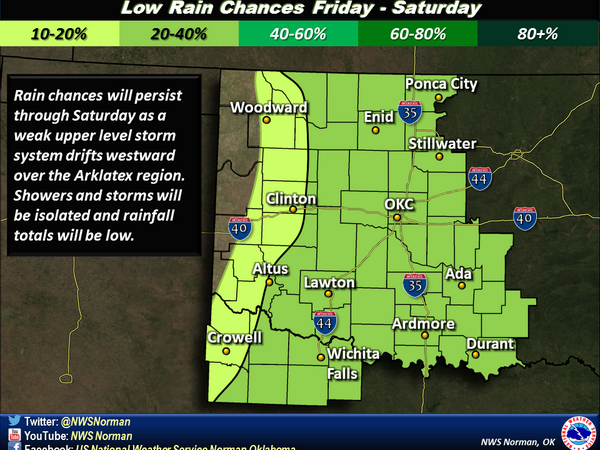 NWSNorman's tweet photo. Isolated/Scattered showers and storms possible again tomorrow and Friday. No severe weather! #okwx #txwx http://t.co/f5TR88dQsT