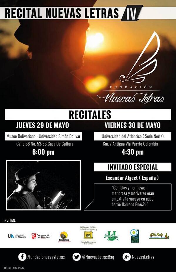 Cultura apoya el recital de <a href="/NuevasLetrasBaq/">Nuevas Letras</a> Viernes 30 de Mayo a las 4:30 PM- UA sede norte ¡No te lo pierdas!