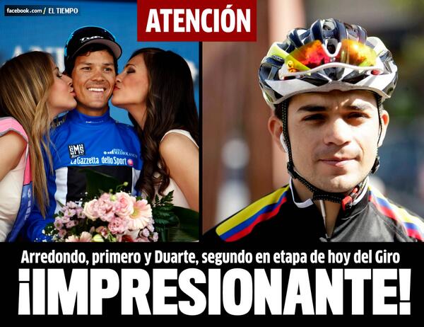 ELTIEMPO's tweet photo. Arredondo y Duarte, #EtapaColombia en el Giro de Italia. ¡Felicidades! http://t.co/vYpV2lO6mq