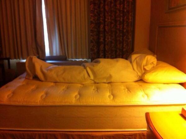 Tim_Burgess's tweet photo. How do you know there's been a Monkee in the room? how @themickydolenz1 arranges the bedsheets when departing a hotel http://t.co/UeRyJqzv2u