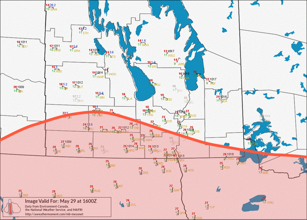 WeatherInThePeg's tweet photo. Approximate warm front position as of 16Z in Southern #MBstorm: http://t.co/VLM6E1TLsl