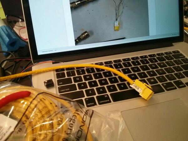 edave's tweet image. My first cat-5 crimp in 10 years. #noderockets #jsconf