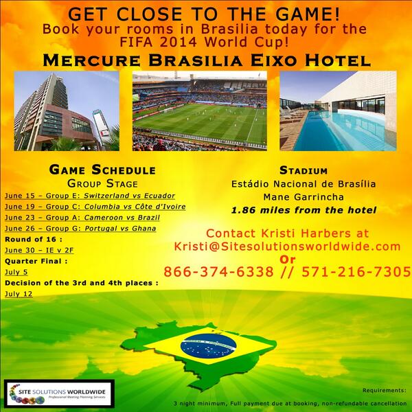 sswmeetings's tweet photo. Going to the #WorldCup? Need a room in #Brasilia? We have rooms available near the stadium! http://t.co/41JxWgkpkG http://t.co/TcYCF2k7yk