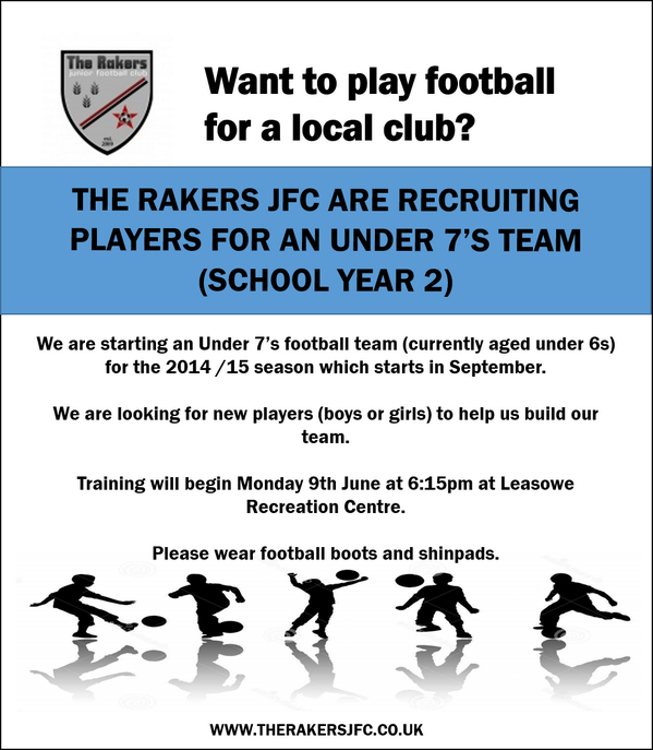 TheRakersJFC's tweet photo. Recruitment for the new Under 7's team for the 2014\15 Season... http://t.co/9CXAEvC7Wz