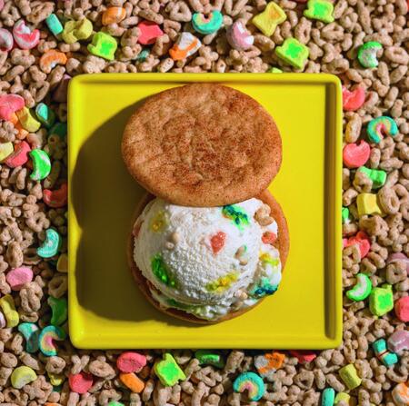 epicurious's tweet image. Your Childhood Fantasy: Whiskey Lucky Charms Ice Cream Sandwich w/ Maple Flapjack Cookies: trib.al/CHT9JXM