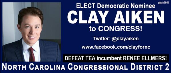 FestiveWarChild's tweet photo. RT @bjs5555 ELECT (D) nominee Clay Aiken @clayaiken 2 #Congress #NC2 DEFEAT TEA Renee Ellmers! @UniteBlueNC #Red2Blue http://t.co/xgscbuPOin