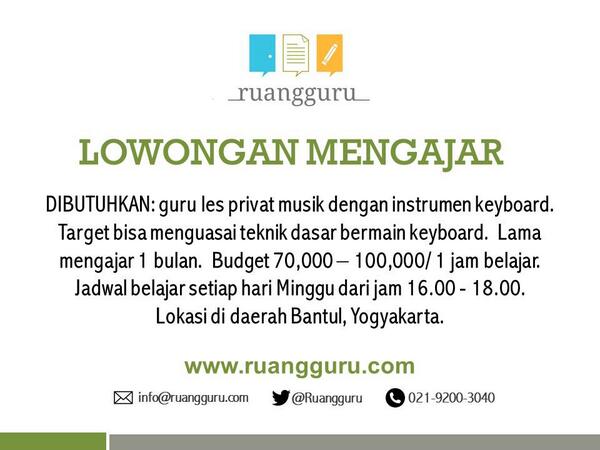 DIBUTUHKAN: guru les privat bermain musik dgn instrumen keyboard di daerah Bantul, Yogyakarta. ruangguru.com/main/view_requ…