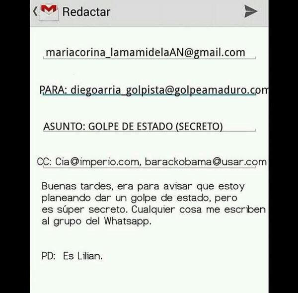 JisuxSl's tweet image. Uno de los correos enviado por Maria Corina. Lease La Mami de La AN OK? #ConcluMAGNICIDIO #ConcluMAGNICIDIO2 hahaha