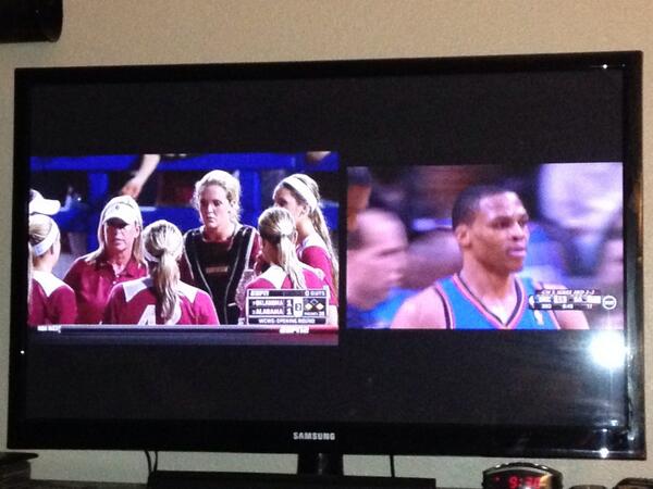 coachsteele727's tweet photo. The hubs did a good job setting up our TV for this split-screen thing!😁👍👏
 #OU  #Thunder http://t.co/TEwNPEgoq6