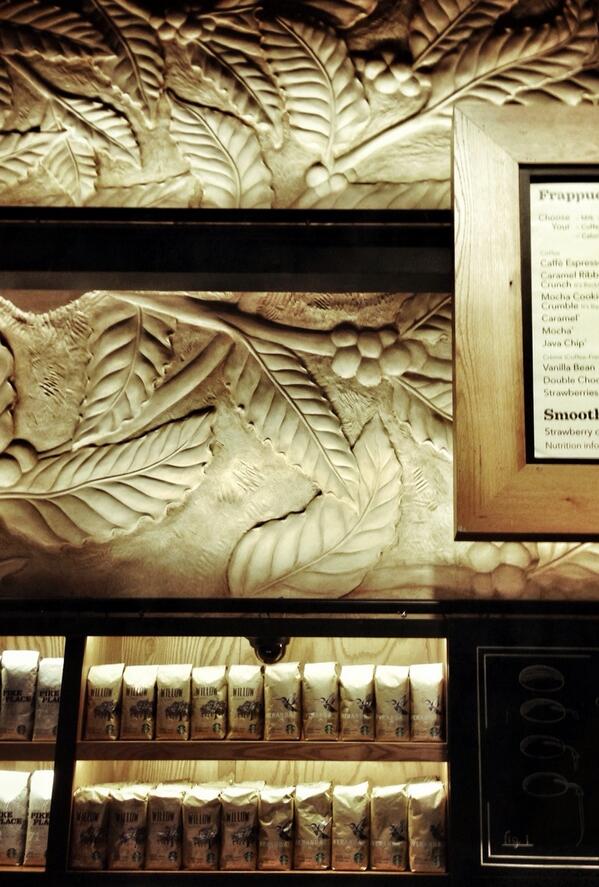 Bill_Sleeth's tweet photo. New store in downtown Disney Orlando. This shows a detail of a carved coffee tree wall. #starbucksdesign http://t.co/dcLHzi6zww