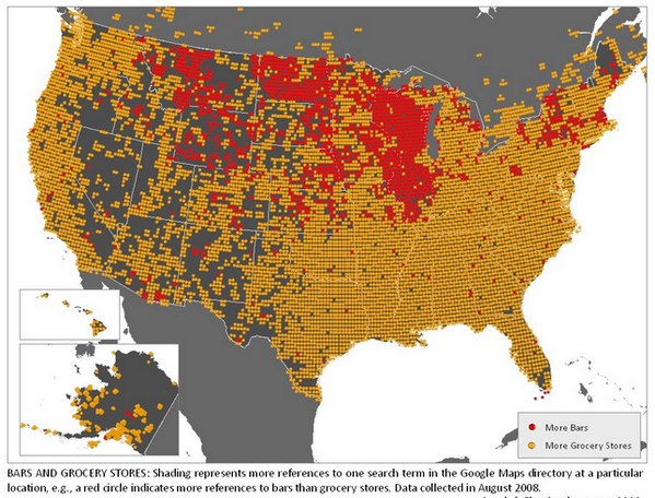 markwby's tweet image. Wisconsin has been waiting a long, long time for someone to make a map of Places Where Bars Outnumber Grocery Stores.