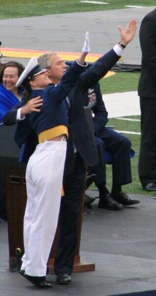 justsaying1963's tweet image. My daughter &amp;amp; GW, blow family a kiss, love this photo! Great speech  #2008USAFAgraduation #comanderinchief