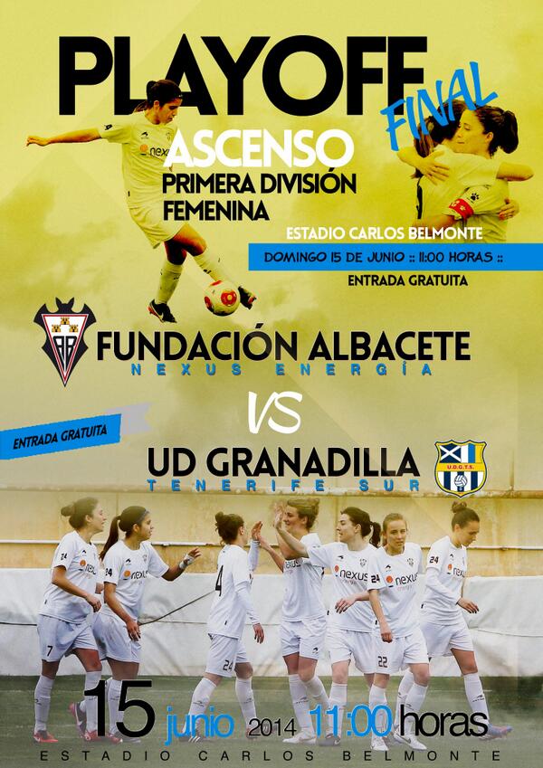 PGMelendezHG's tweet photo. PLAYOFF DE ASCENSO
A PRIMERA DIVISIÓN FEMENINA,
domingo 15 de junio 11h.
ENTRADA GRATUITA
#Regalanos90Minutos

http://t.co/l2EweX7NHh