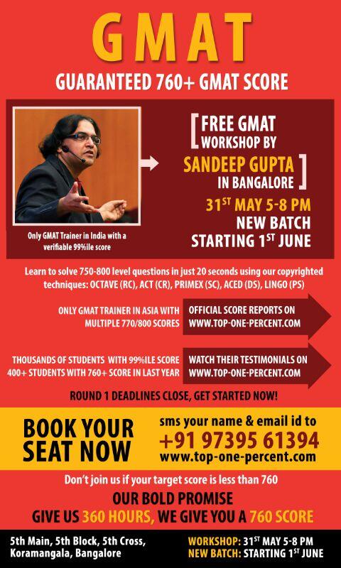TOPGMAT's tweet photo. #Seats #Limited #GMAT #Workshop exclusive by #SANDEEPGUPTA on #31MAY2014 #bengaluru. You are just an SMS away!! http://t.co/fg6GqBSkXU