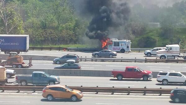 CP24's tweet image. Ice cream truck bursts into flames on Hwy. 401, contents all melt   cp24.com/news/ice-cream…