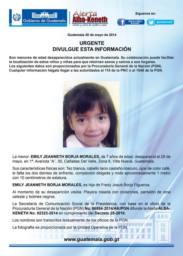 EMILY JEANNETH BORJA MORALES, de 7 años de edad, desapareció el 28 de mayo, en Zona 6, Villa Nueva, Guatemala.