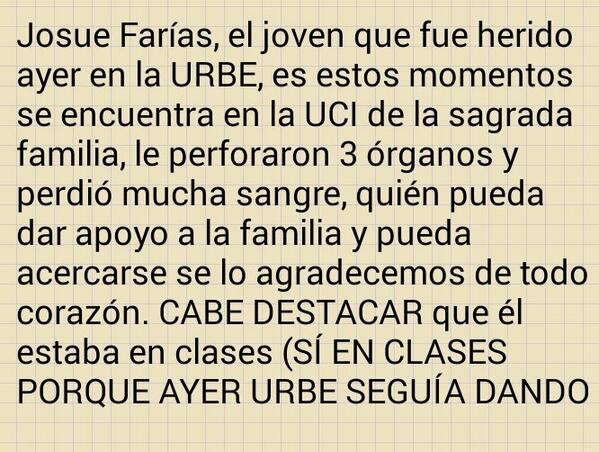 Venezolanonymo's tweet image. RT URBE Maracaibo Venezuela sobre el estudiante herido ayer! #ElMundoApoyaAVenezuela #JusticiaEs #ConcluMAGNICIDIO2