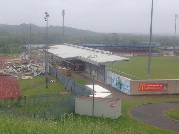 Demolition of the east stand at Sixfields has started as part of redevelopment of Northampton's ground. #ntfc