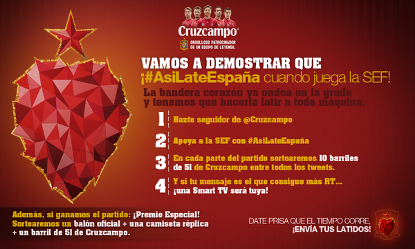 Cruzcampo's tweet photo. Es el momento, vuestro corazón ya está con la @SeFutbol, toca hacerlo latir ¡Vamos España! #AsiLateEspaña http://t.co/tFB97Jjsgk