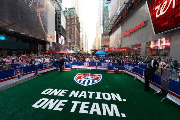 espn's tweet photo. The #USMNT World Cup sendoff is live in Times Square for ESPNFC starting now on ESPN2. http://t.co/63mPkAiNZF