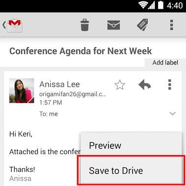 PretechMX's tweet image. #Gmail para #Android ya permite agregar directamente archivos a #GoogleDirve con su nueva actualización.