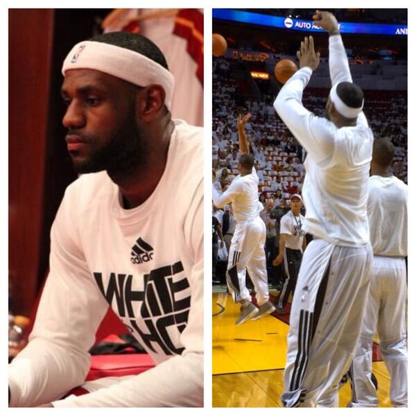 LeBronTeam's tweet photo. Headband on, shoes laced up, sleeve pulled up, LeBron is READY! http://t.co/6kQhGoKS7h