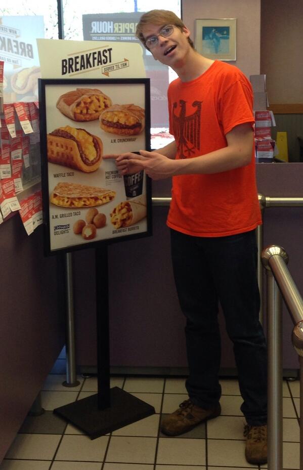 thislilalien's tweet image. He wants that waffle taco. #TacoBell #lol #tacowaffle